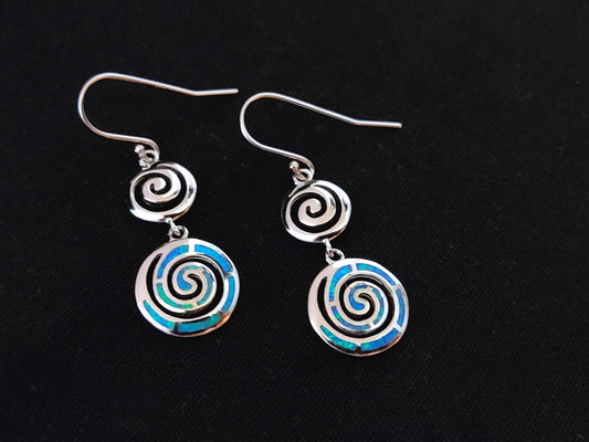 Sterling Silver 925 Greek Circle Of Life Double Spiral Blue Opal Dangle Gradual Boucles d'oreilles, Griechischer Blau Opal Ohrringe, Bijoux Grecque