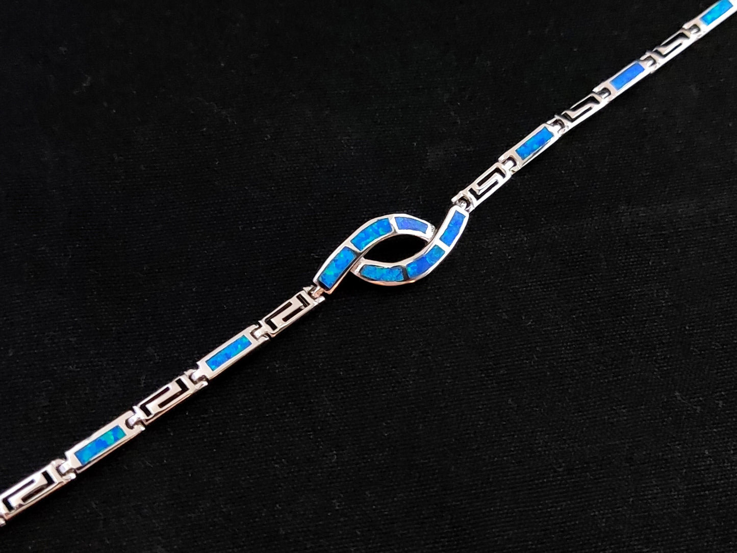 Sterling Silver 925 bracelet with Fire Rainbow Blue Opal, Ancient Greek Eternity Key Meander Modern Design, adjustable length