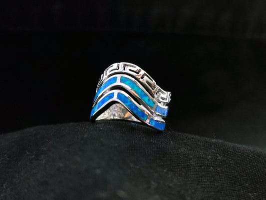 Sterling Silver 925 Triple Row Wave Greek Key & Blue Opal Ring US 6 1/2 , Greek Opal Jewelry, Griechisches Opal Silber Ring,Bague Grecque