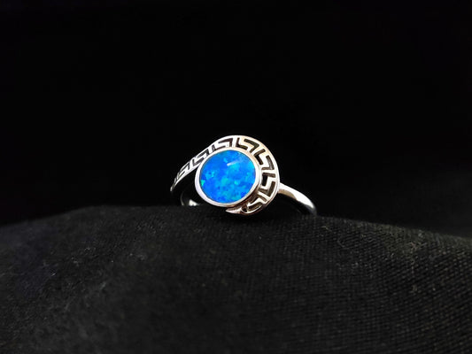 Sterling Silber 925 Modern Greek Key &amp; Blue Opal Ring US 7 3/4 , Greek Opal Jewelry, Griechisches Opal Silber Ring,Bague Grecque