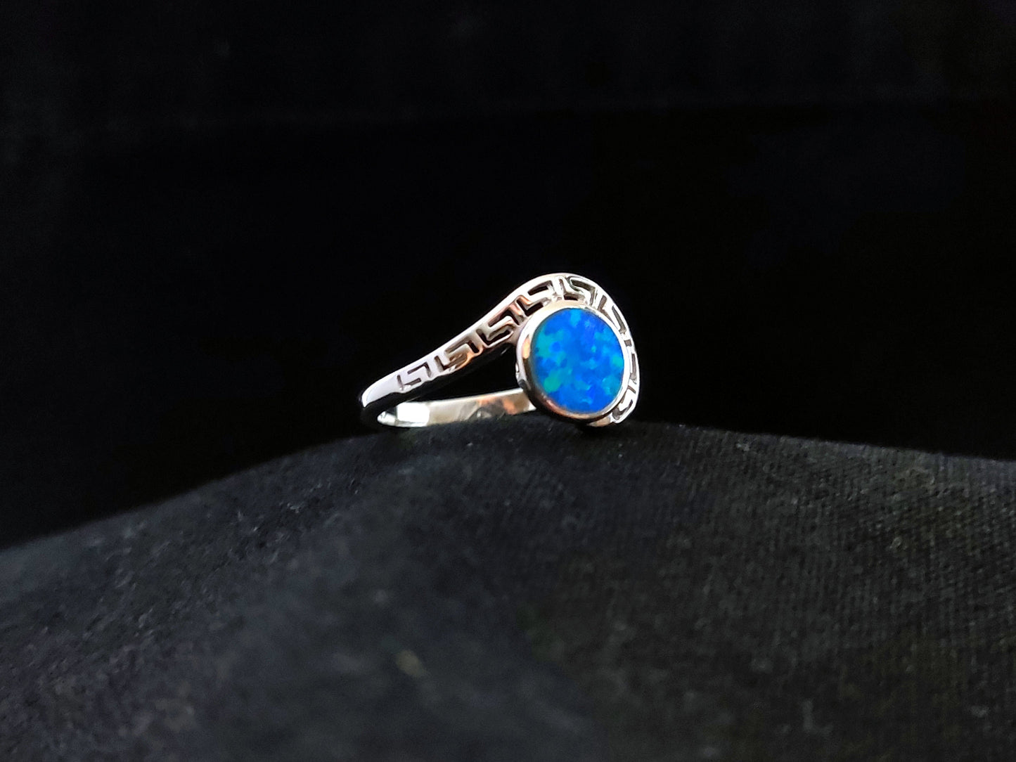 Sterling Silver 925 Modern Greek Key - Blue Opal Ring US 7 3/4 , Greek Opal Jewelry, Griechisches Opal Silber Ring, Bague Grecque