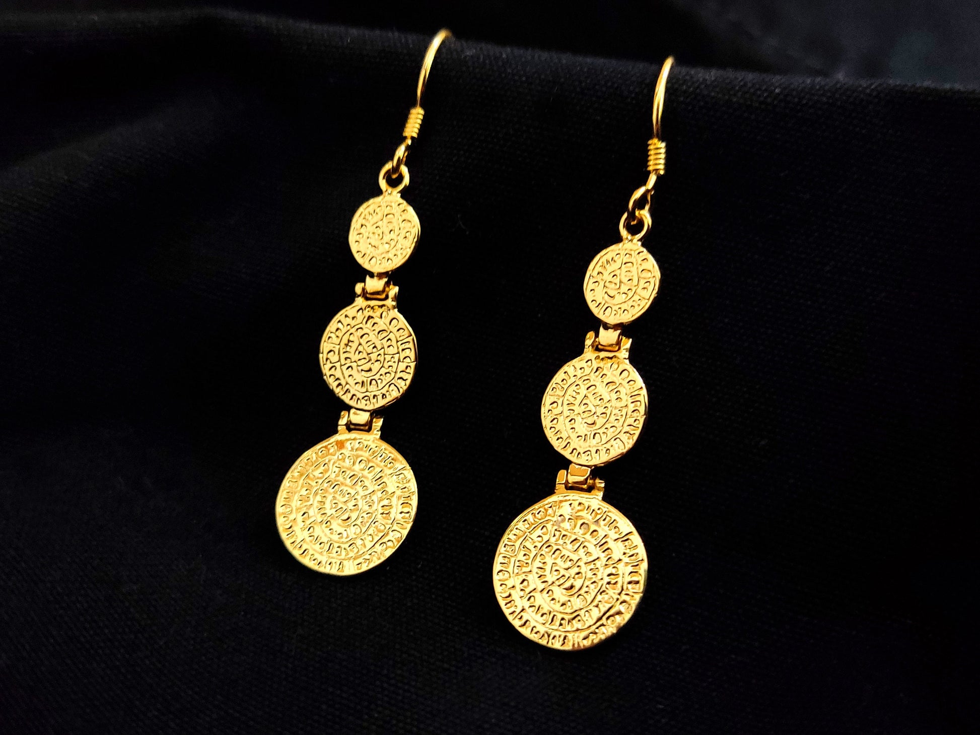 Triple Phaistos Disc Gradual Gold Plated Dangle Earrings
