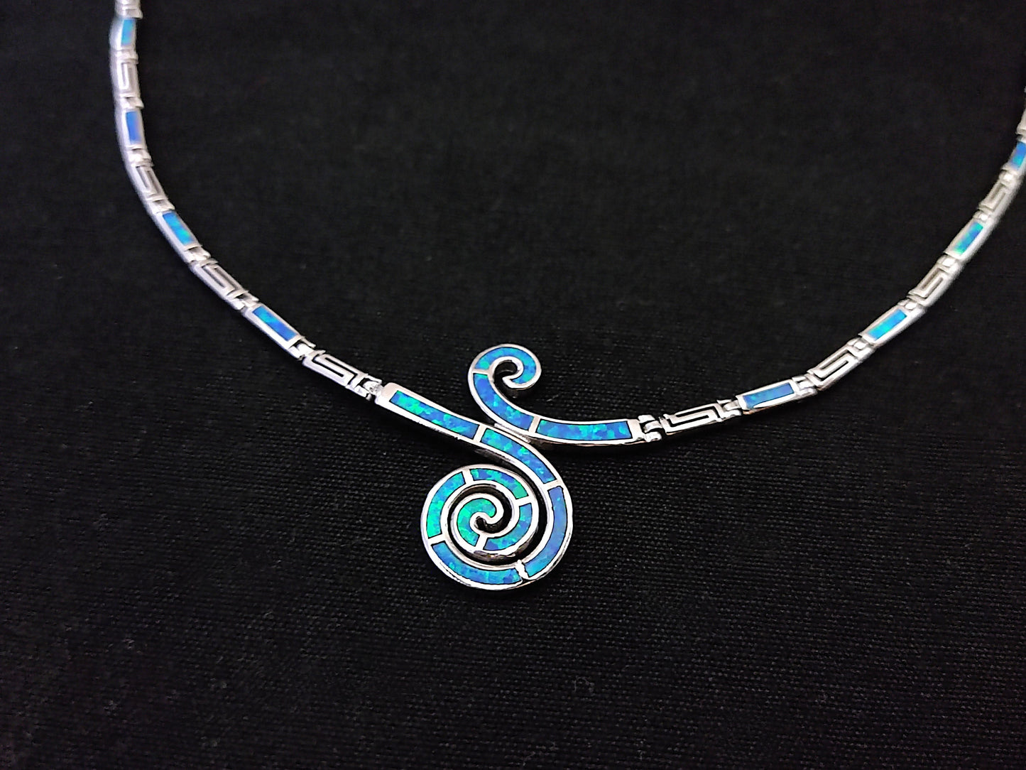 Sterling Silver 925 Fire Rainbow Blue Opal Greek Double Spiral Wave Necklace, Griechischer Opal Silber Kette, Bijoux Grecque, Bijoux grecs