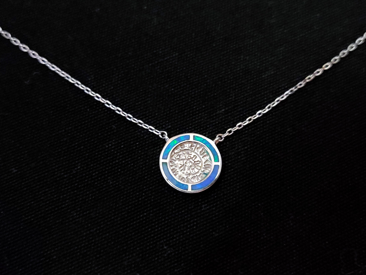 Sterling Silver 925 Fire Rainbow Blue Opal Phaistos Disc Chain Pendant Necklace, Griechischer Opal Kette, Bijoux Grecque, Greek Jewelry
