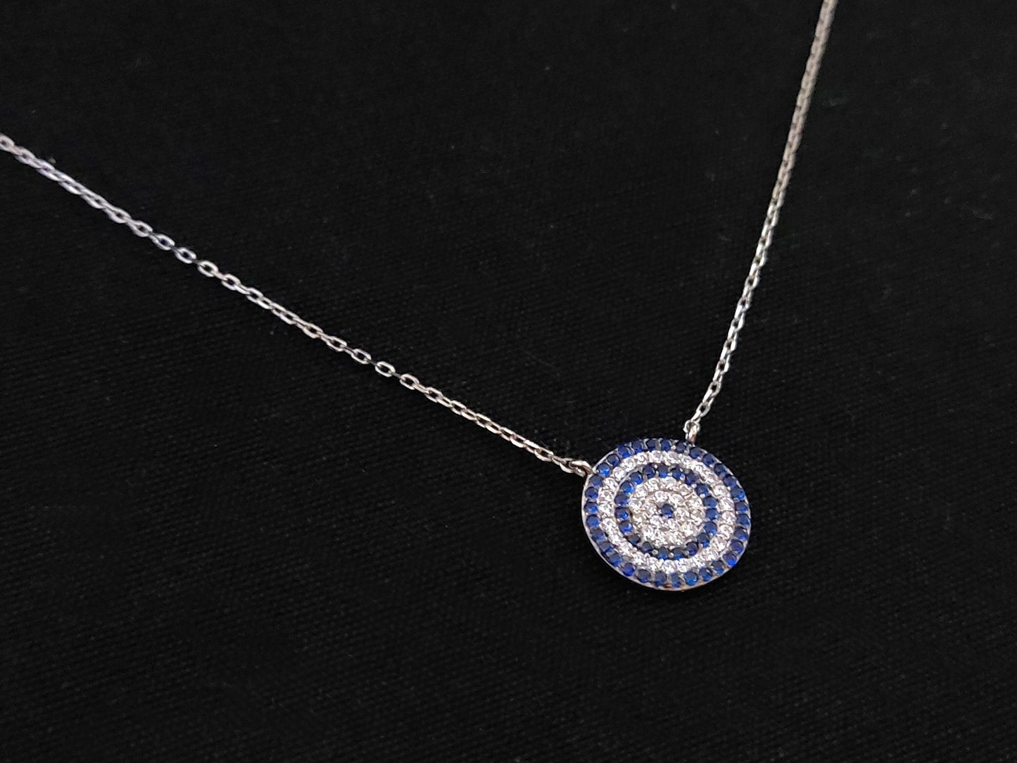Sterling Silver 925 Greek Evil Eye Mati &amp; Meander Chain Pendant 13mm Necklace, Crystal Stones Micropave Evil Eye Jewelry, Good Luck Mati