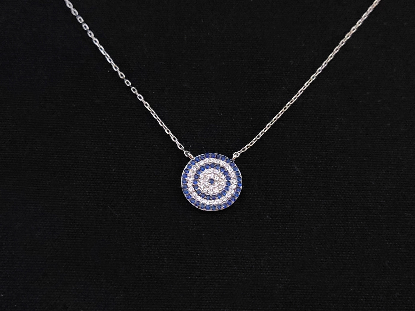 Sterling Silver 925 Greek Evil Eye Mati &amp; Meander Chain Pendant 13mm Necklace, Crystal Stones Micropave Evil Eye Jewelry, Good Luck Mati