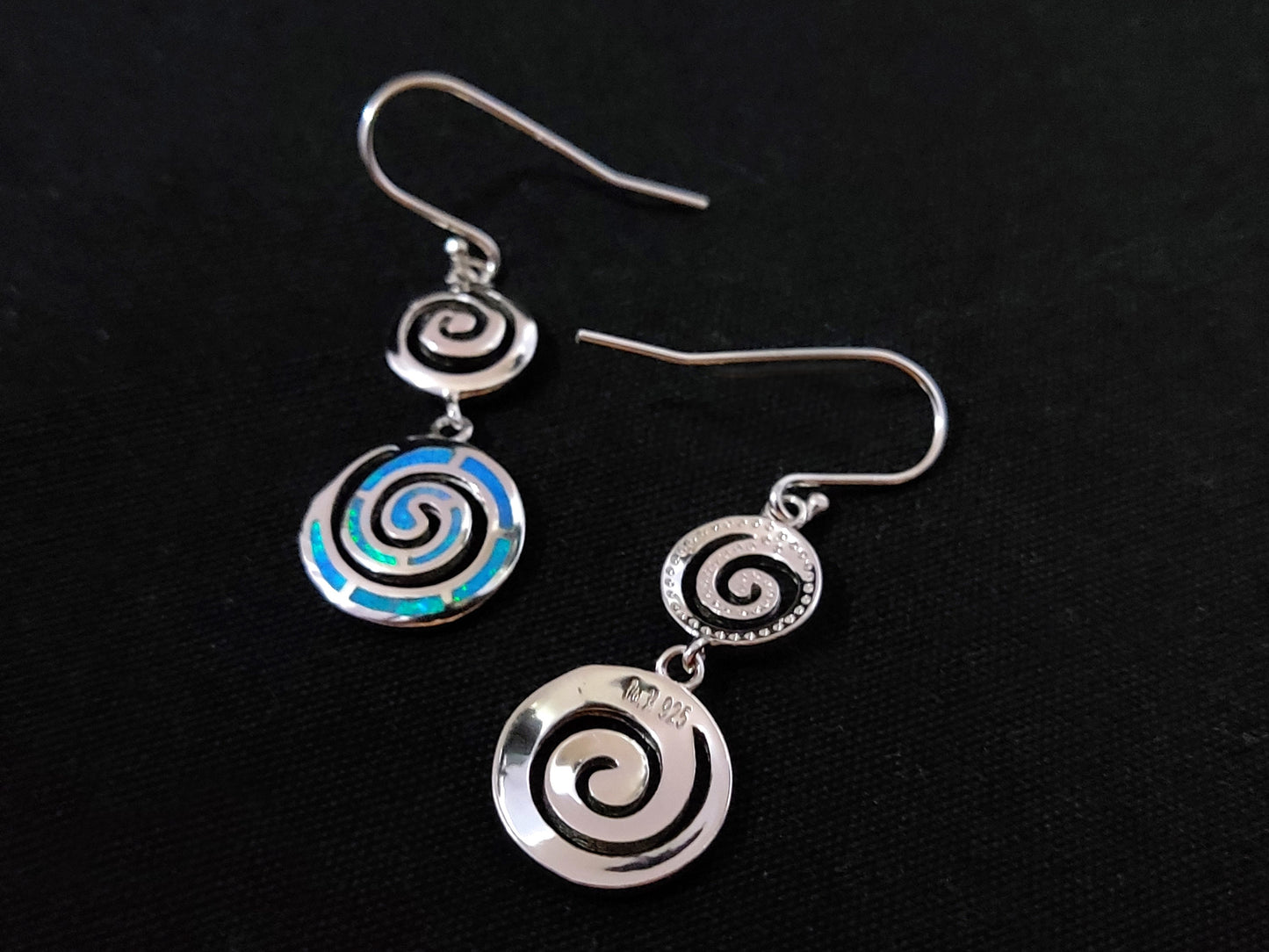 Sterling Silver 925 Greek Circle Of Life Double Spiral Blue Opal Dangle Gradual Earrings, Griechischer Blau Opal Ohrringe, Bijoux Grecque
