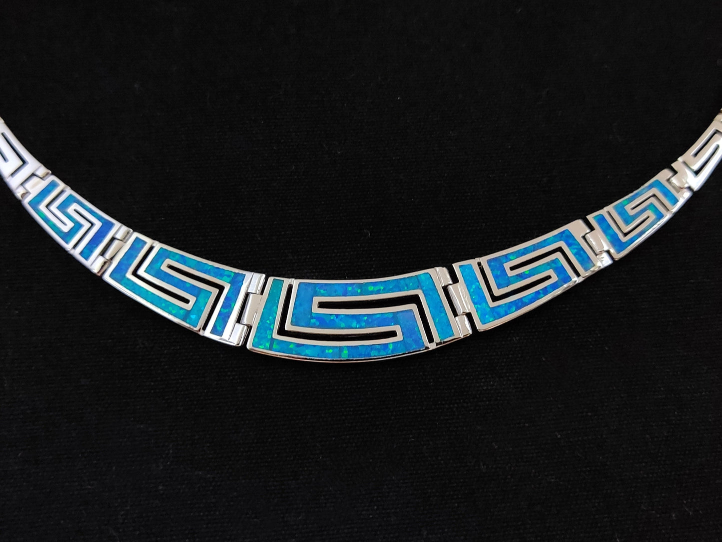Blue Opal Greek Key Silver Necklace