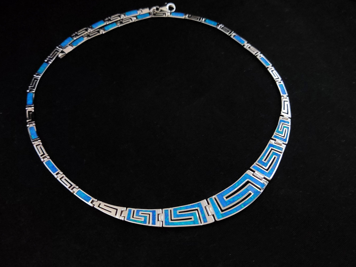 Blue Opal Greek Key Silver Necklace