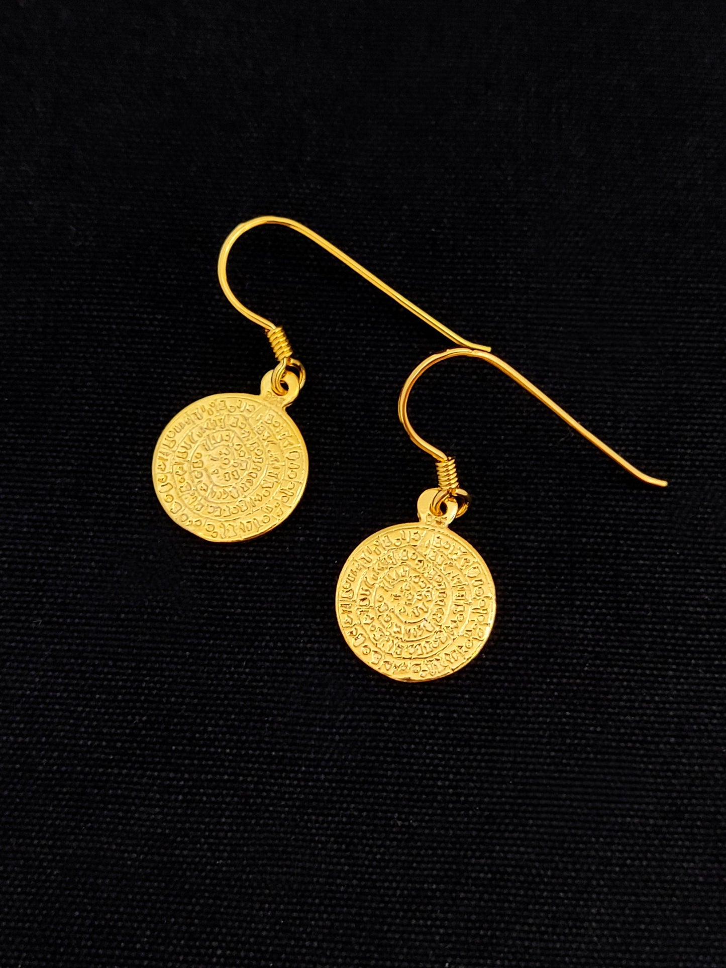 Phaistos Disc Gold Plated Dangle Earrings 14mm