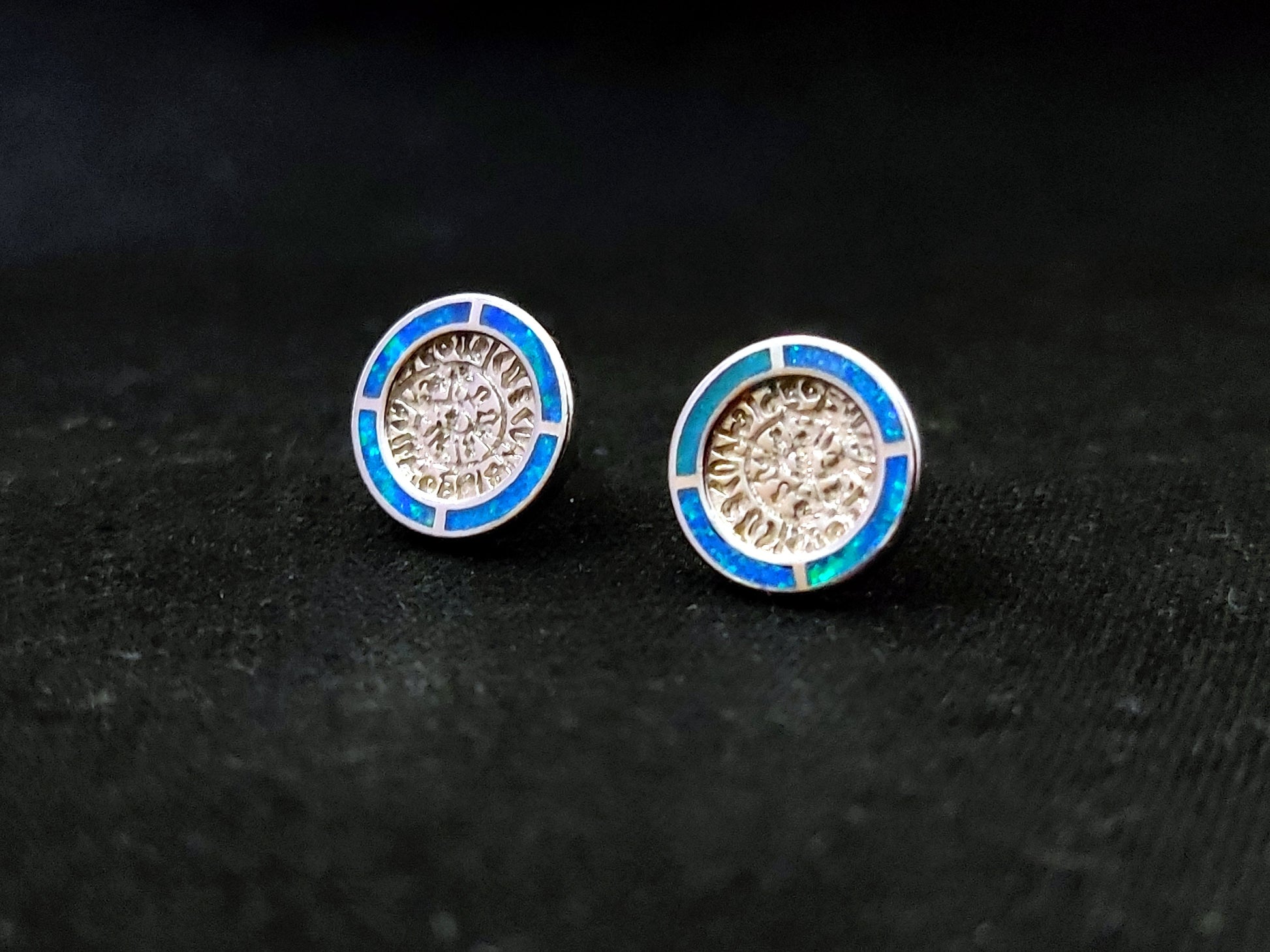 Phaistos Disc silver Greek stud round earrings with blue opal stones measuring 11mm diameter.