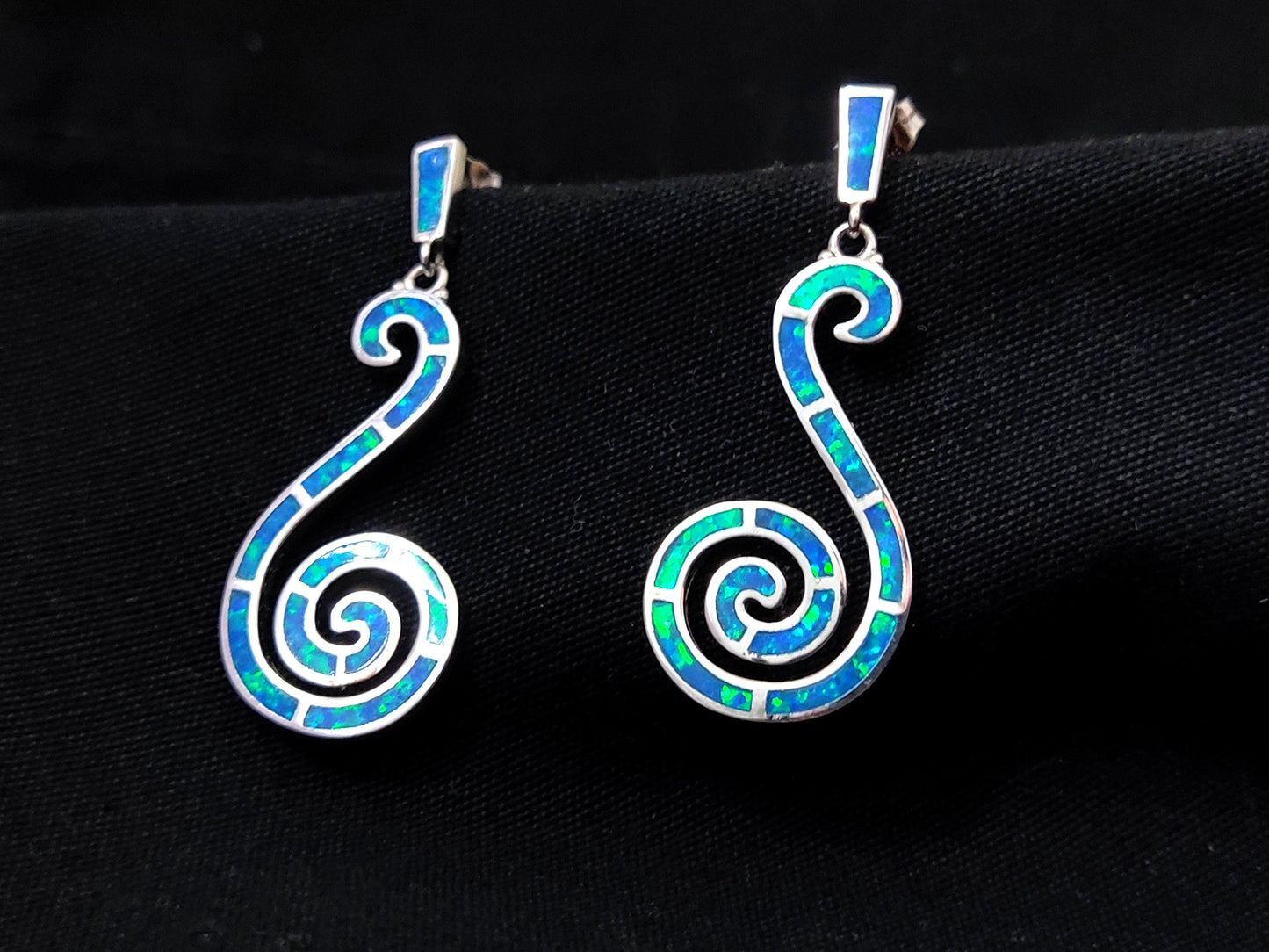 Sterling Silver 925 Greek Spiral Wave Blue Opal Dangle Stud Long Earrings, Griechischer Blau Opal Ohrringe, Bijoux Grecque, Greek Jewelry