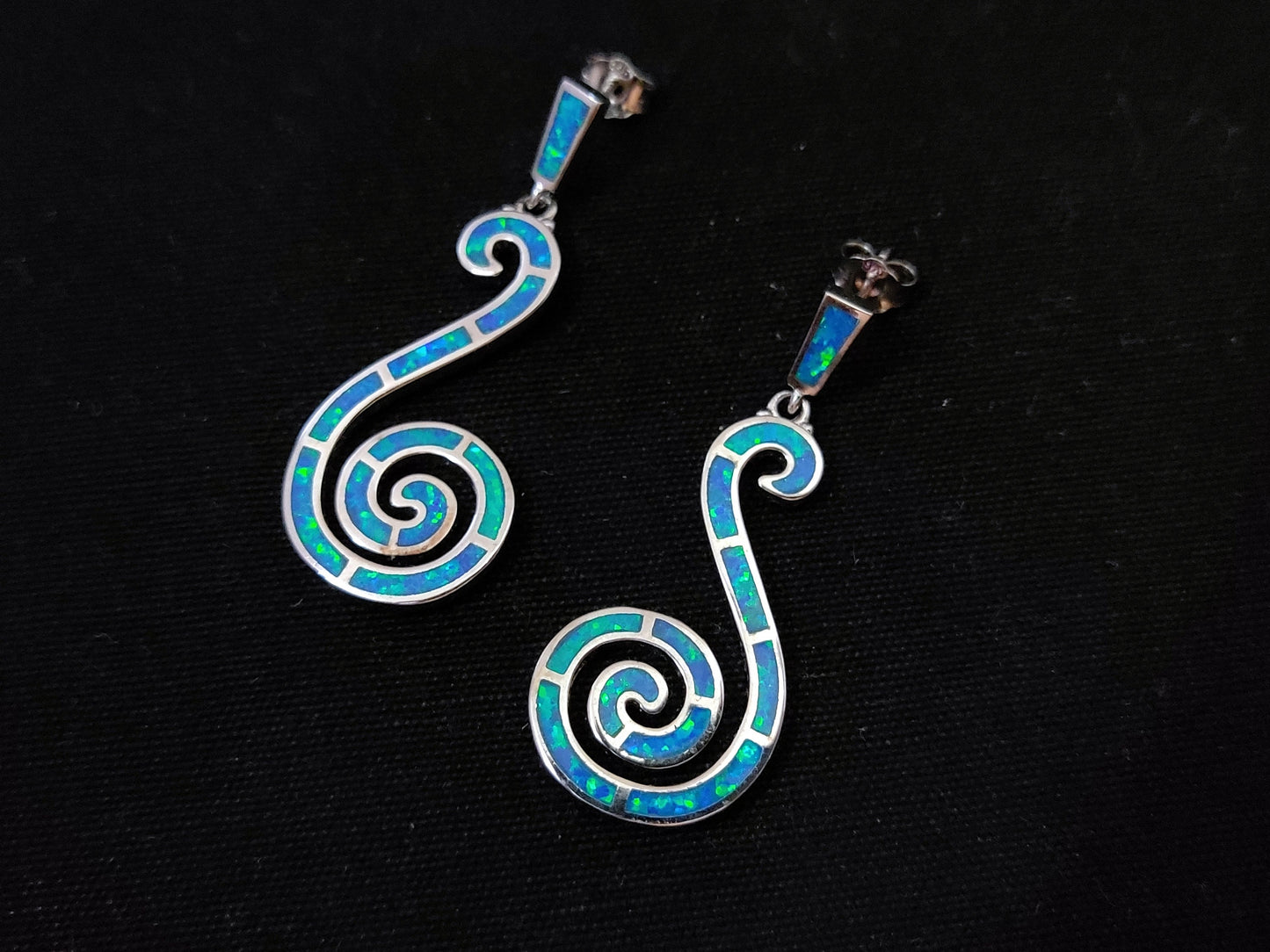 Sterling Silver 925 Greek Spiral Wave Blue Opal Dangle Stud Long Earrings, Griechischer Blau Opal Ohrringe, Bijoux Grecque, Greek Jewelry