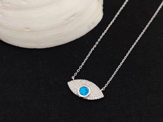 Sterling Silber 925 Fire Rainbow Blue Opal &amp; Crystal Evil Eye Chain Pendant Halskette, Griechischer Opal Kette, Bijoux Grecque, Greek Jewelry