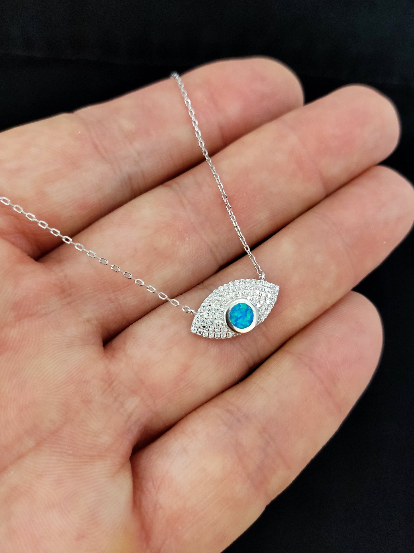 Sterling Silver 925 Fire Rainbow Blue Opal & Crystal Evil Eye Chain Pendant Necklace, Griechischer Opal Kette, Bijoux Grecque, Greek Jewelry