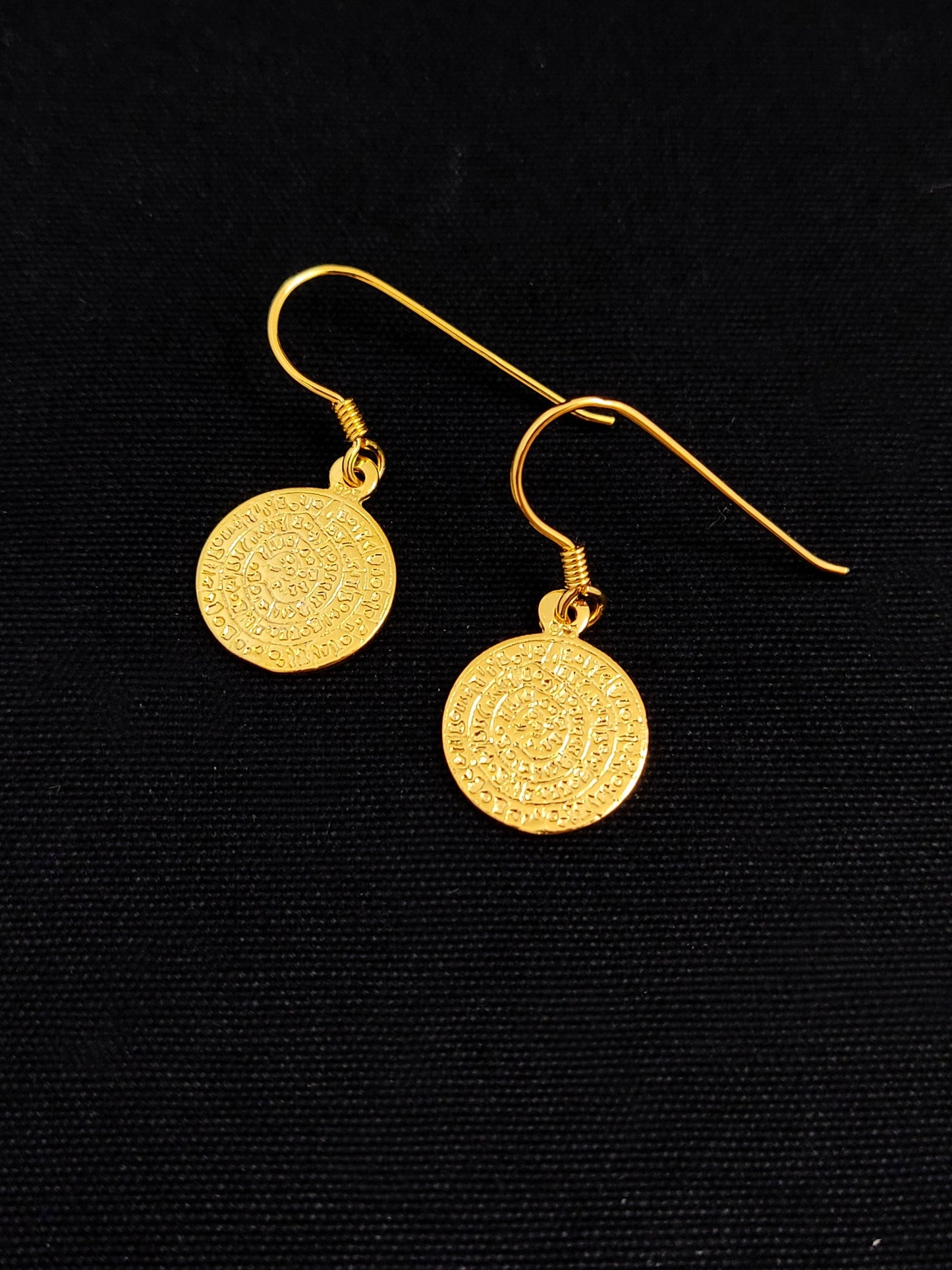 Phaistos Disc Gold Plated Dangle Earrings 14mm