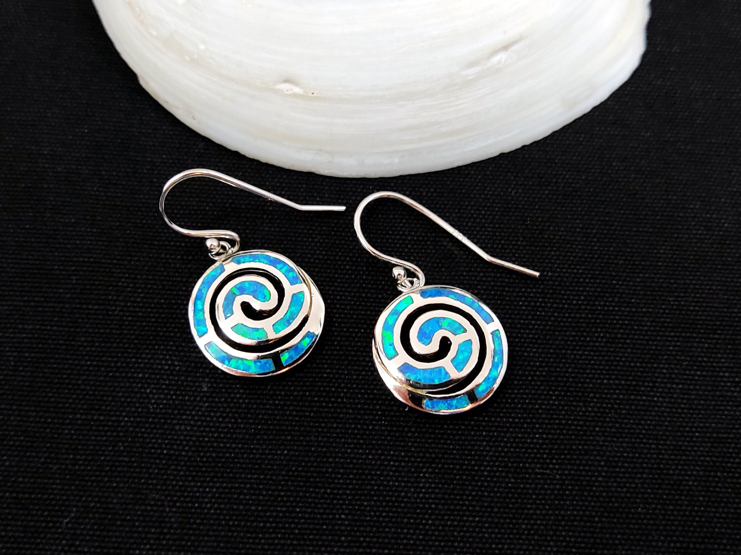 Sterling Silver 925 Greek Spiral Fire Blue Opal Dangle Earrings 15mm, Greek Opal Spiral Earrings, Greek Jewelry, Griechischer Opal Ohrringe