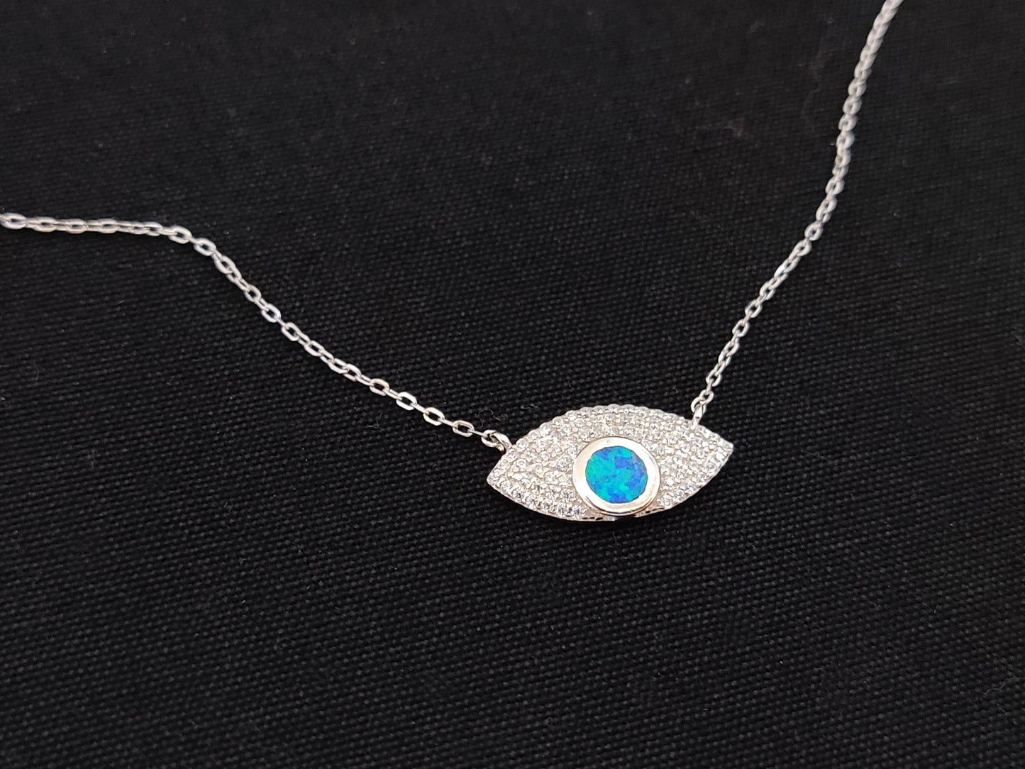 Sterling Silver 925 Fire Rainbow Blue Opal & Crystal Evil Eye Chain Pendant Necklace, Griechischer Opal Kette, Bijoux Grecque, Greek Jewelry