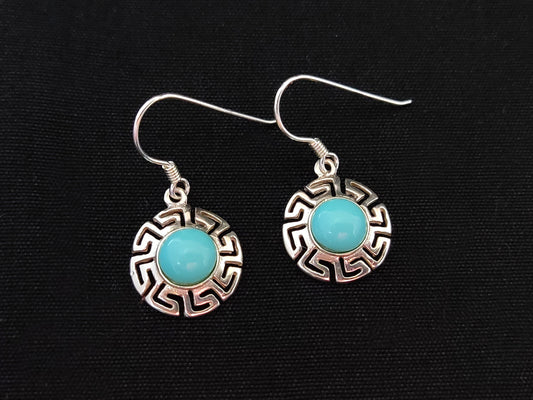 Sterling Silver 925 Ancient Greek Meander Key Fire Turquoise Color Stones Dangle Earrings 16mm, Griechische Ohrringe, Griechische Schmuck