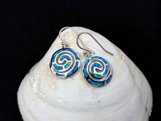 Sterling Silver 925 Greek Spiral Fire Blue Opal Dangle Earrings 15mm, Greek Opal Spiral Earrings, Greek Jewelry, Griechischer Opal Ohrringe