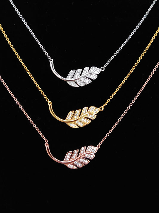 Sterling Silver 925 Silver-Gold-Rose Gold Small Cubic Zirconia Crystals Leaf Necklace, Tiny Leaf Pendant 8x25mm, Minimalist Necklace Jewelry
