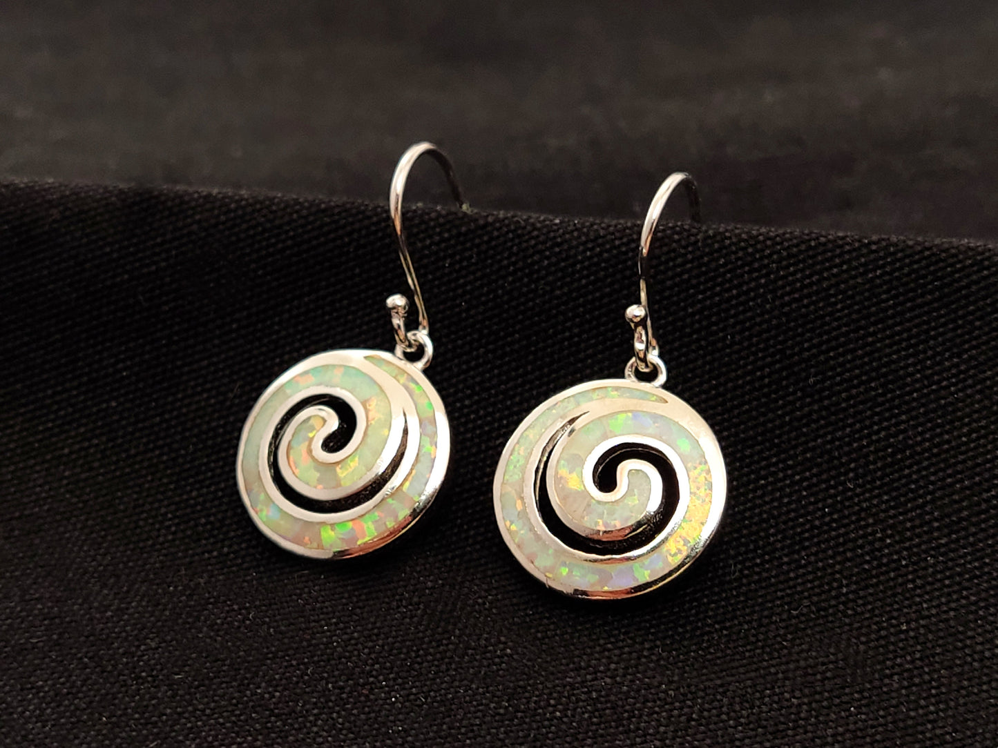 Sterling Silver 925 Greek Spiral Fire White Opal Dangle Earrings 15mm, Greek Opal Spiral Earrings, Greek Jewelry, Griechischer Opal Ohrringe