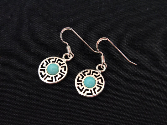 Sterling Silver 925 Ancient Greek Meander Key Fire Turquoise Color Stones Dangle Earrings 13mm, Griechische Ohrringe, Griechische Schmuck