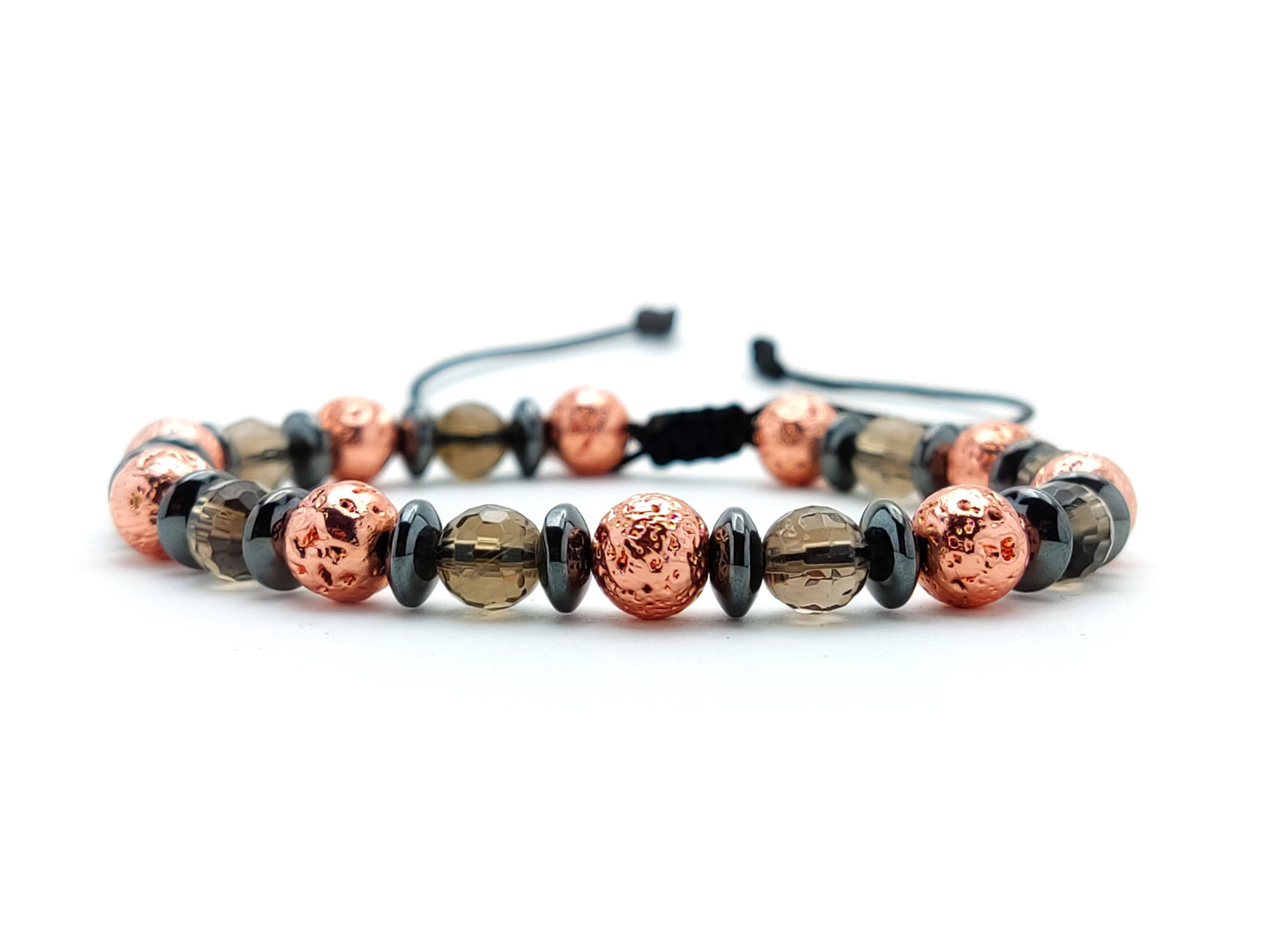 Bracelet de lave, lave plaquée or rose et quartz à facettes brun fumé hommes femmes bracelet réglable, bracelet à quartz, bracelet de lave de Santorin,