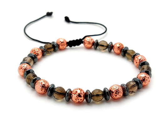 Lava Bracelet, Rose Gold Plated Lava & Smoked Brown Faceted Quartz Men Women Adjustable Bracelet, Quartz Bracelet, Santorini Lava Bracelet,