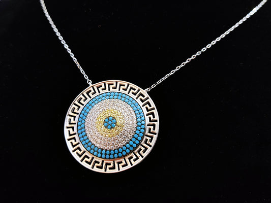 Sterling Silver 925 Greek Evil Eye Mati &amp; Meander Big Pendant 30mm Necklace, Turquoise Micropave Evil Eye Jewelry, Good Luck Mati