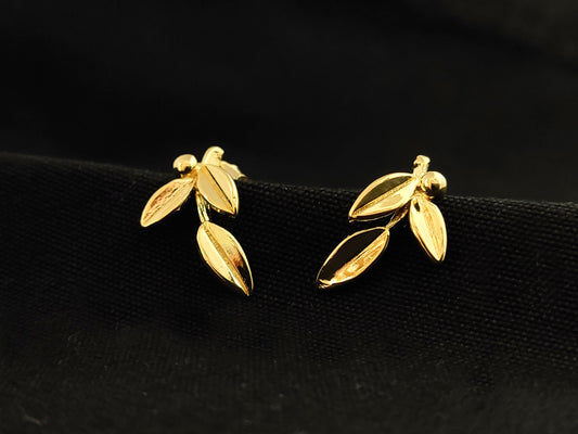 Sterling Silver 925 Greek Olive 3 Leaf Leaves Gold Plated 22K Stud Earrings, Leaf Gold Plated Silver Earrings, Griechische Gold Ohrringe
