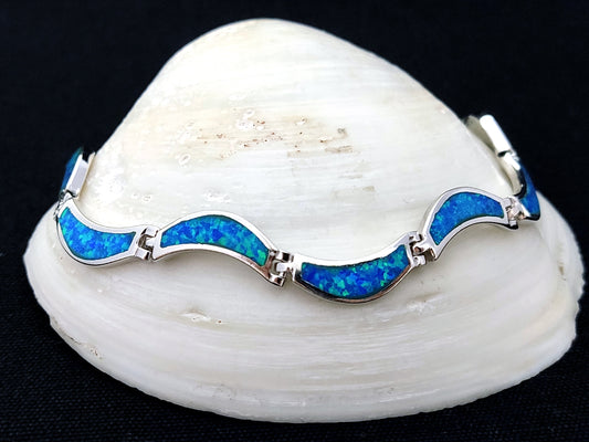 Sterling Silber 925 Blue Opal Wave gebogenes griechisches Armband, Opal Armband, Griechischer Silber Blau Opal Stein Armband, Armband Grecque Opal