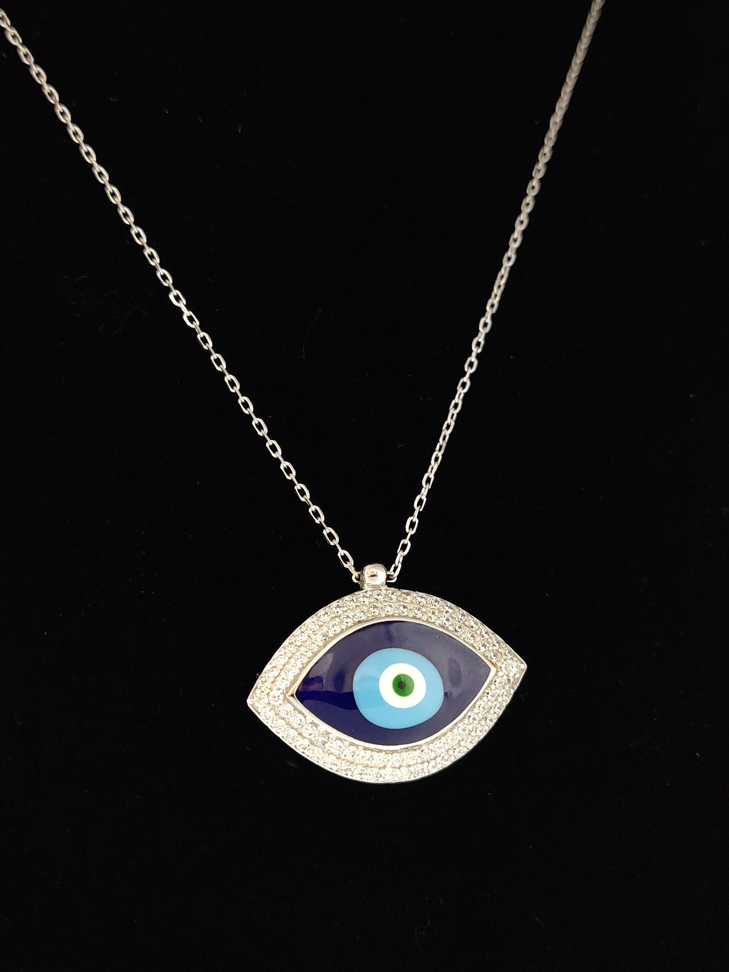 Sterling Silver 925 Greek Evil Eye Mati &amp; Meander Chain Pendant 27x18mm Necklace, Ename Crystals Evil Eye Jewelry, Good Luck Mati