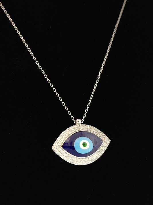 Sterling Silver 925 Greek Evil Eye Mati & Meander Chain Pendant 27x18mm Necklace, Ename Crystals Evil Eye Jewelry, Good Luck Mati