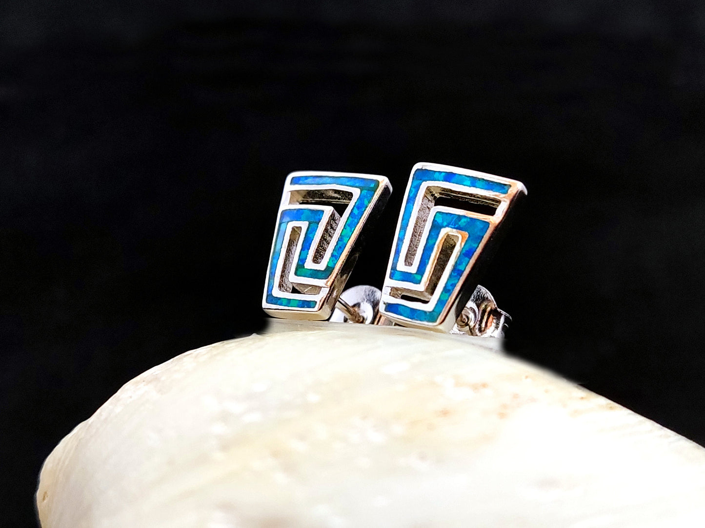 Sterling Silver 925 Greek Fire Blue Opal Stud Gradual Earrings 12x9mm, Greek Opal Square Earrings, Greek Jewelry, Griechischer Opal Ohrringe