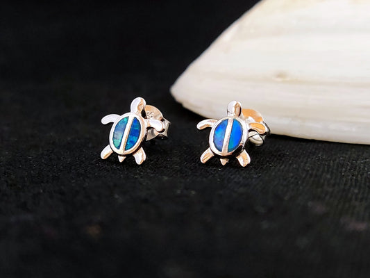 Sterling Silver 925 Ocean Blue Opal Small Sea Turtles Stud Earrings, Turtle Earrings, Griechisches Ohrringe, Bijoux Grecque, Bijoux Grecque