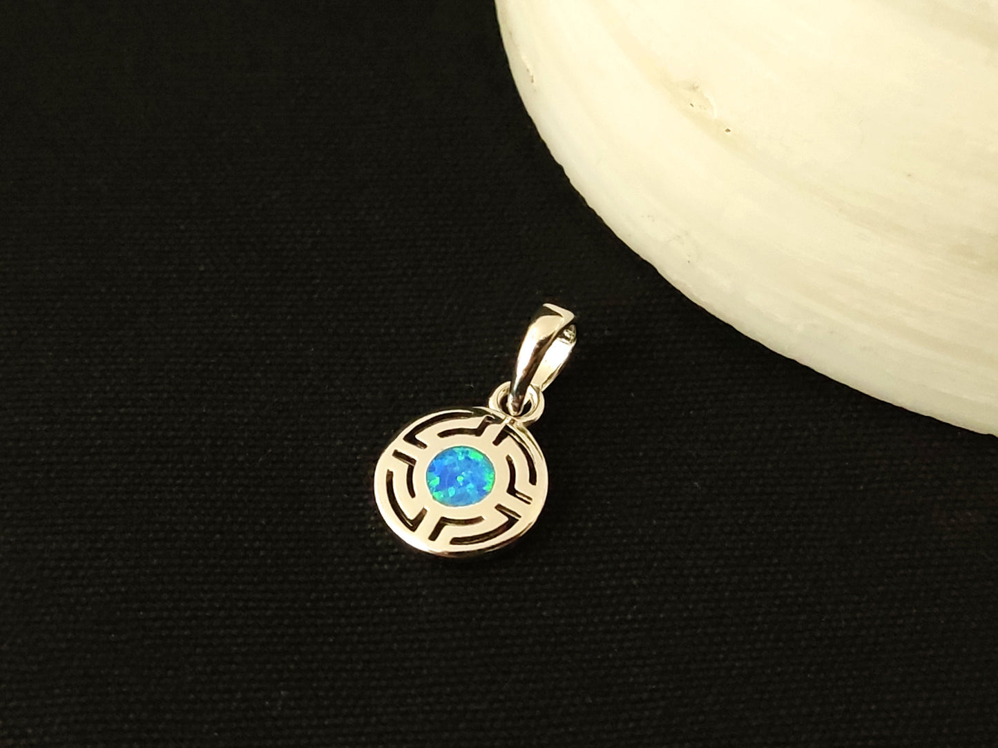 Sterling Silver 925 Fire Rainbow Blue Opal Greek Meander Small Round Pendant 10mm, Ancient Greek Round Infinity Opal Pendant, Opal Jewelry