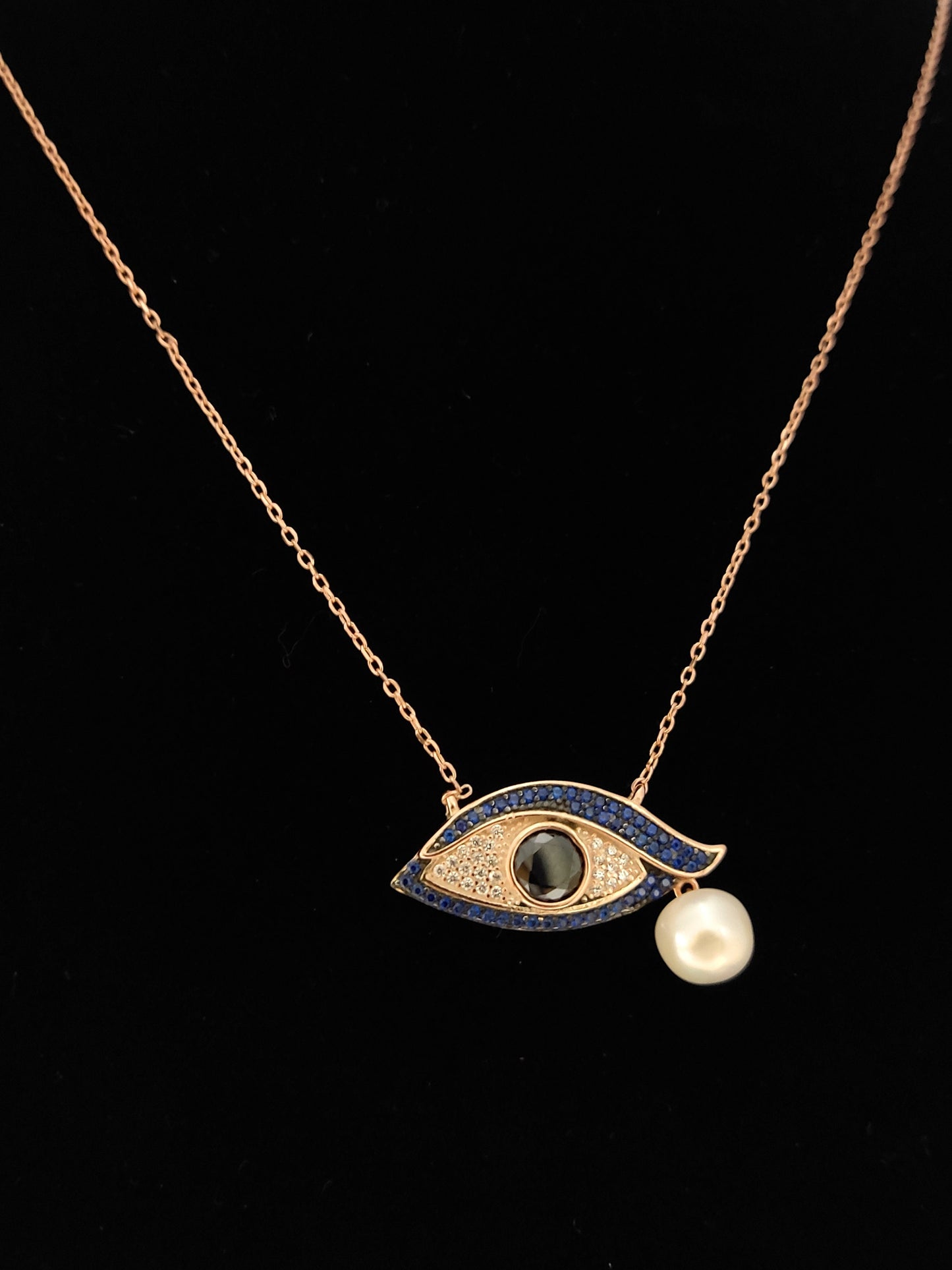 Sterling Silver 925 Greek Evil Eye Mati Rose Gold Plated Chain Pendant 27x12mm Necklace, Enamel Crystals Evil Eye Jewelry, Good Luck Mati