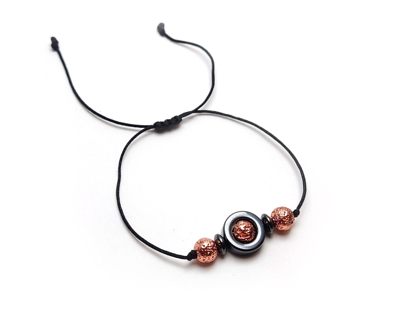Volcanic Rose Gold Plated Lava & Hematite Stones Cord Adjustable Trendy Bracelet, Lava Stones Men Mens Women Unisex Macrame Cord  Bracelet