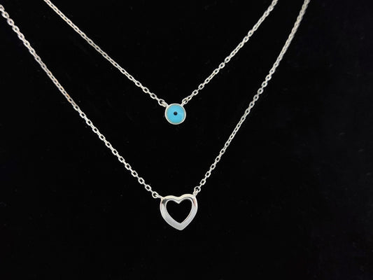 Sterling Silver 925 Greek Evil Eye Mati - Heart Double Row Chain Pendant Necklace, Evil Eye Jewelry, Good Luck Charm, Heart Necklace