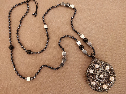 Handmade Long Semi Precious Stones Necklace, Pendant With Marcasite - Perles - Mother Of Pearl, 75cm, Griechische Halskette Schmuck, Jewelry