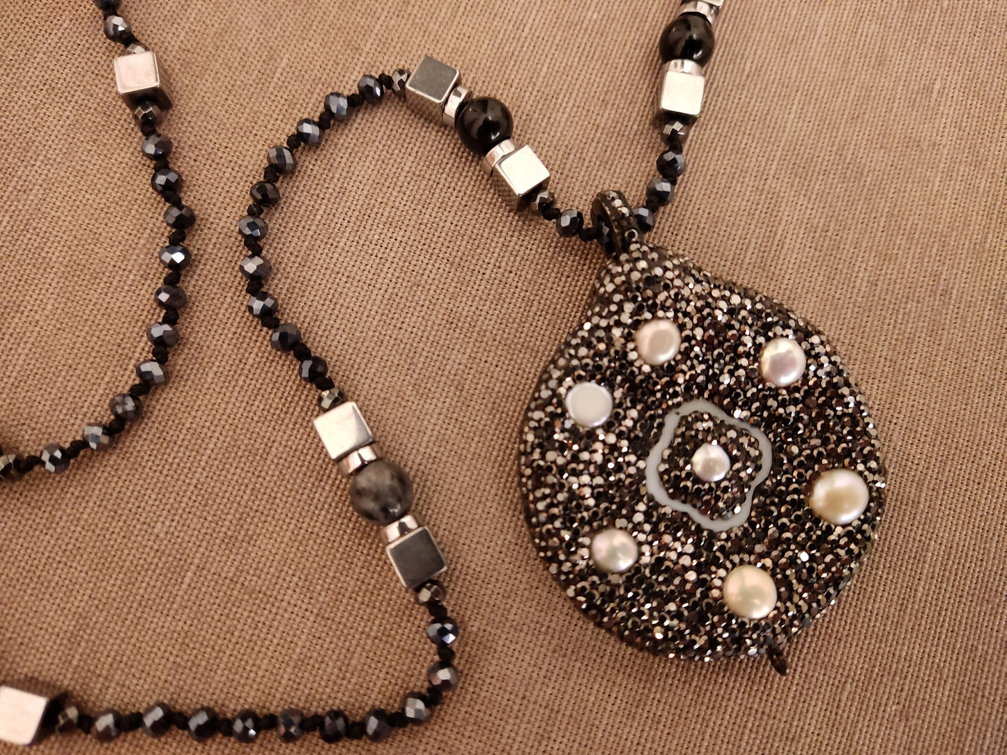Handmade Long Semi Precious Stones Necklace, Pendant With Markasite - Perles - Mother Of Pearl, 75cm, Griechische Halskette Schmuck, Jewelry