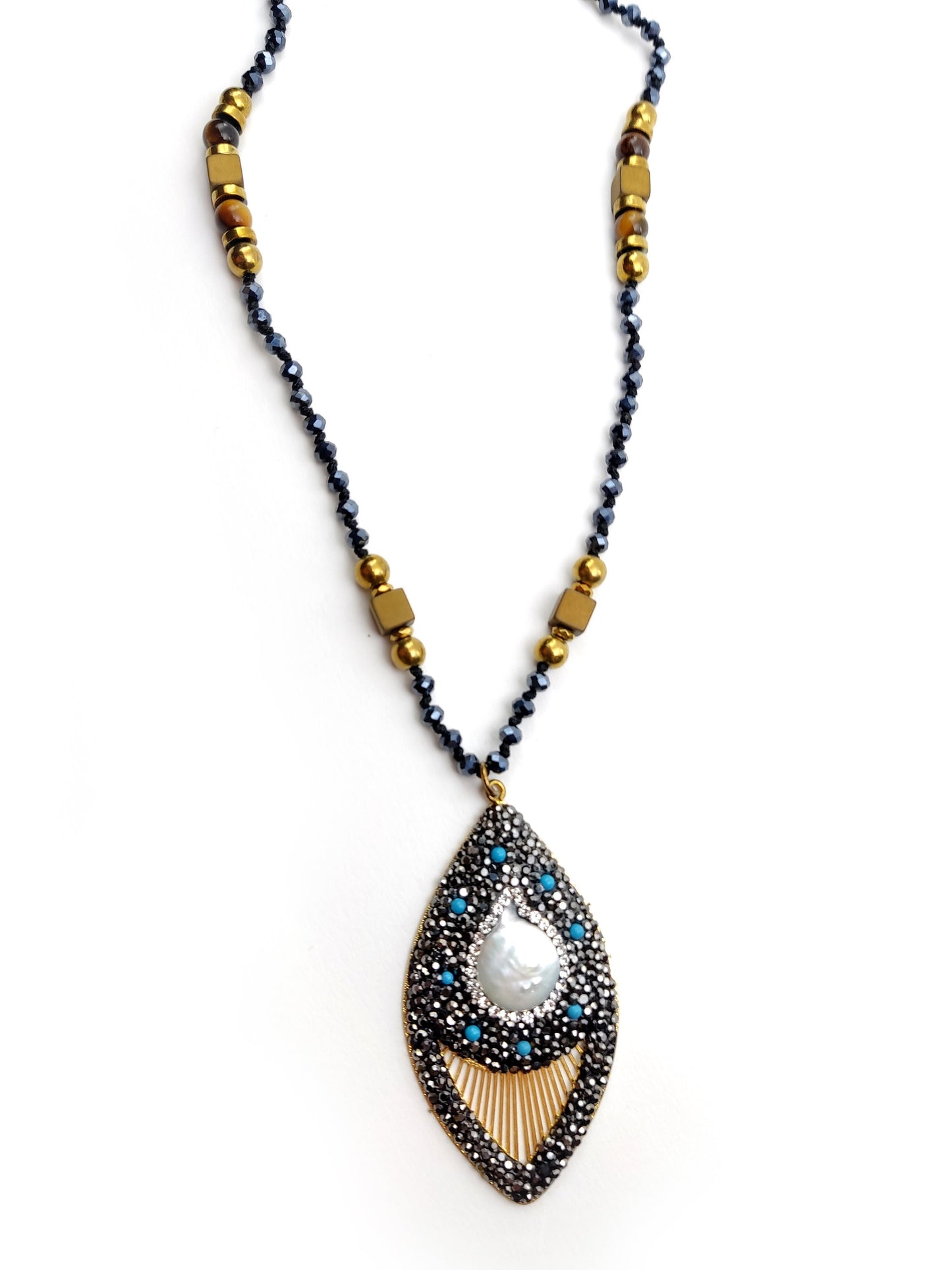 Handmade Long Semi Precious Stones Necklace, Drop Pendant With Marcasite - Mother Of Pearl, 70cm, Griechische Halskette Schmuck, Jewelry