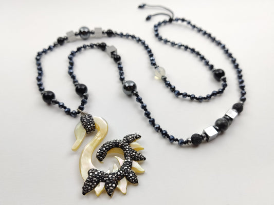 Lange Halbedelsteine ​​Schwanenkette, Anhänger mit Markasit - Perlmutt, 70cm, Griechische Halskette Schmuck, Jewelry, Schmuck