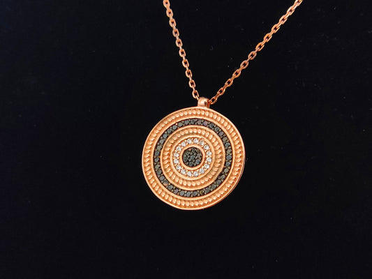 Silver 925 Evil Eye Necklace, Greek Round Shape Evil Eye Mati Rose Gold Plated Pendant 18mm , Crystals Evil Eye Jewelry, Good Luck Mati