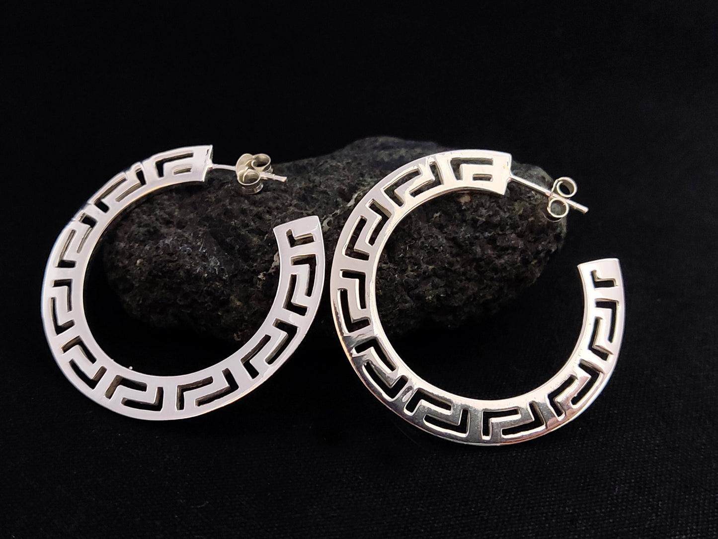 Silver Greek Earrings, Greek Key Flat Big Hoops Earrings 38mm, Griechischer Silber Ohrringe  Bijoux Grecque, Jewelry From Greece, Flat Hoops
