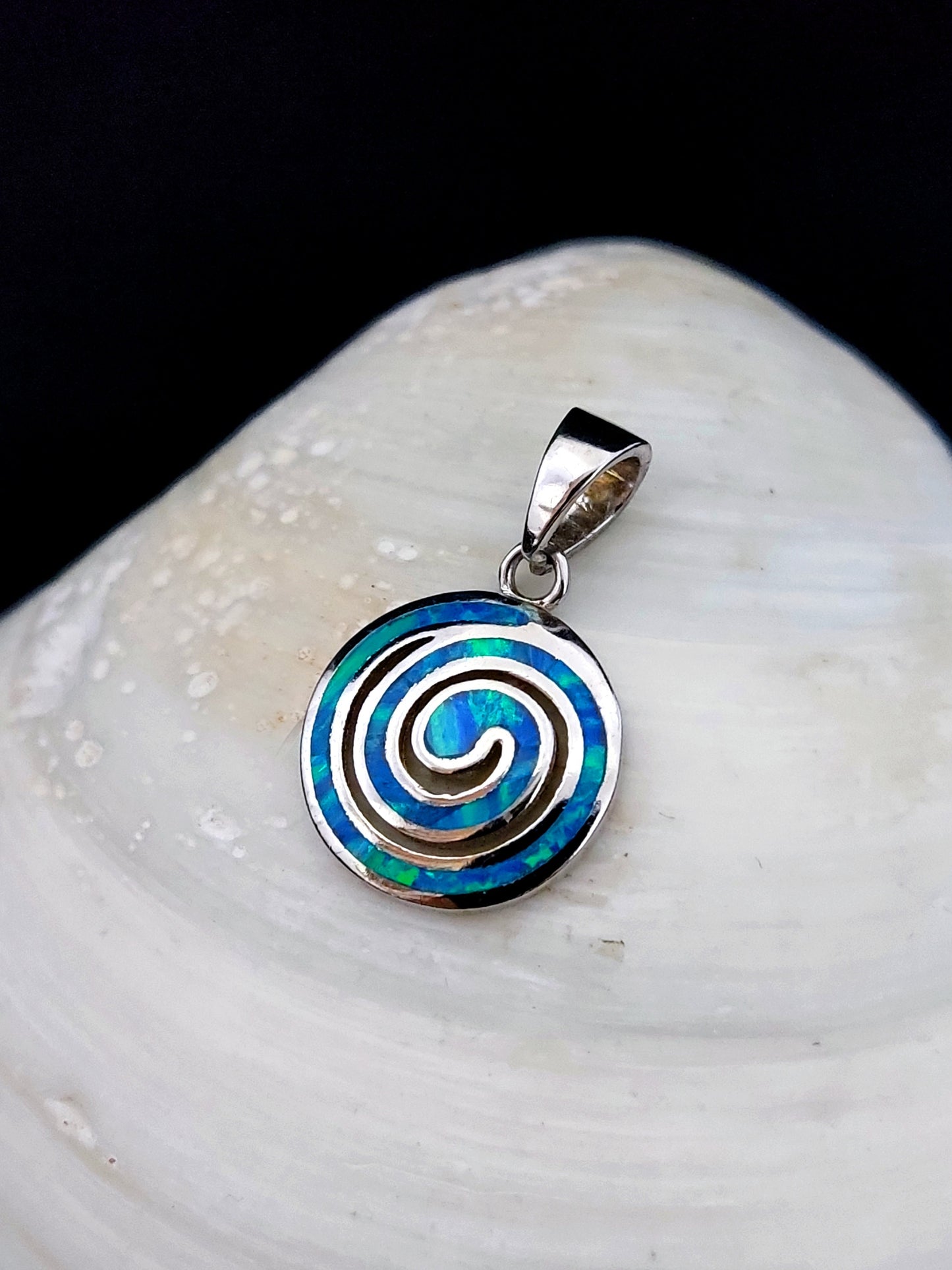 Sterling Silver 925 Fire Rainbow Blue Opal Greek Spiral Small Pendant 14mm, Ancient Greek Spiral Swirl Vortex Opal Pendant, Opal Jewelry