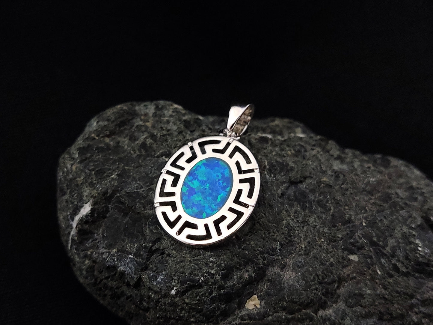 Sterling Silver 925 Fire Rainbow Blue Opal Greek Meander Small Oval Pendant 17x14mm, Ancient Greek Oval Infinity Opal Pendant, Opal Jewelry