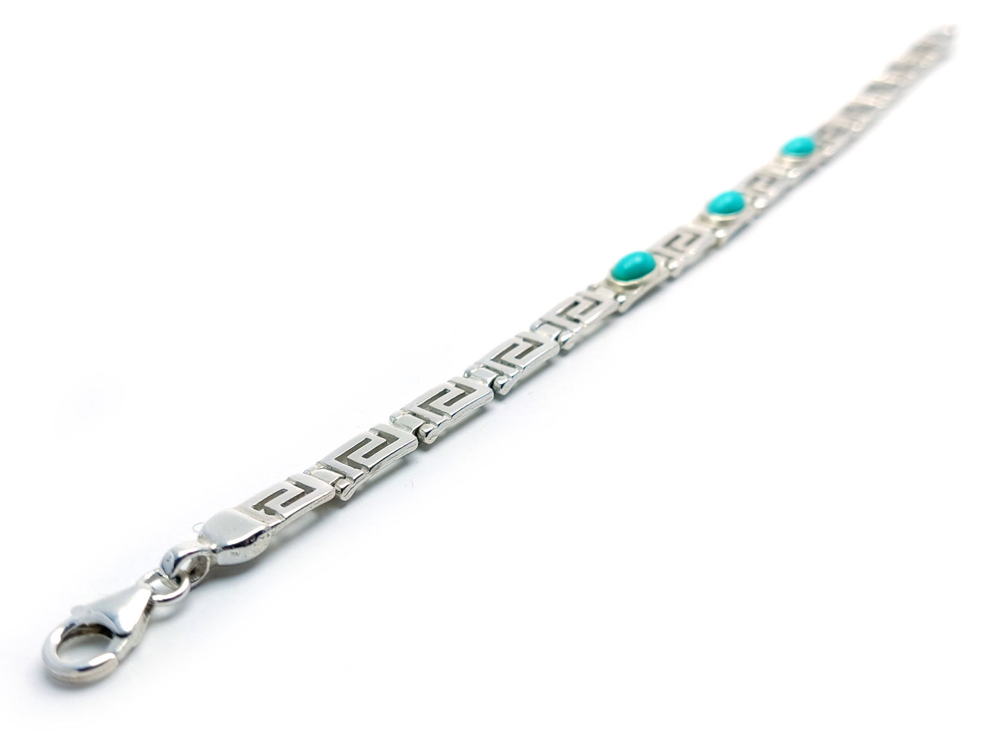Greek Key Silver Bracelet, Turquoise Blue Stones Jewelry, Griechischer Silber Schmuck Armband, Bijoux De Grece, Meander Bracelets Greece