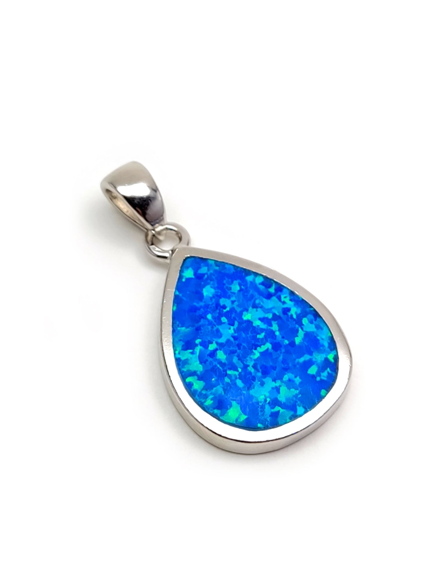 Drop shape blue opal pendant made of silver.